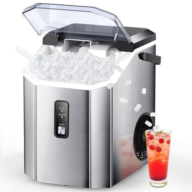 Joy Pebble Nugget Stainless Steel Ice Maker, Countertop Chewable Nugget Ice Machine, One-Click Quick Ice Making 33Lbs/Day, Self-Cleaning, Portable Ice Machine for Home Kitchen Party, Silver