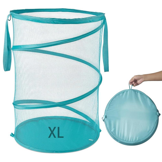 Mesh Popup Laundry Hamper 115L Collapsible Laundry Basket No Lid Extra Large Capacity Foldable Clothing Storage Basket with Handles 26 H x 18 W x 18 L (Turquoise Blue)