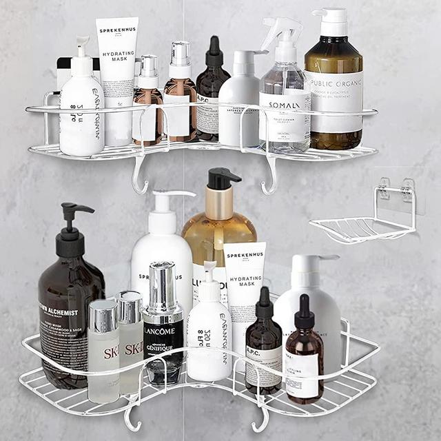 Huryfox Corner Shower Caddy, Bathroom Organizer Shelf Bathtub Storage Basket RV Accessories for Inside with Soap Holder Rack and Adhesive Hooks-2 Pack, White