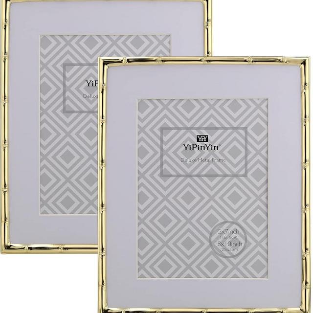 YiPinYin 8x10'' Bamboo Detail Designs Gold Metal Picture Frame with Mat for 5 X7'' Set of 2, Elegant Narrow Plated Photo Frames 5x7'' With Soft Touch Velvet Backing for Desktop and Wall Décor(Gold)