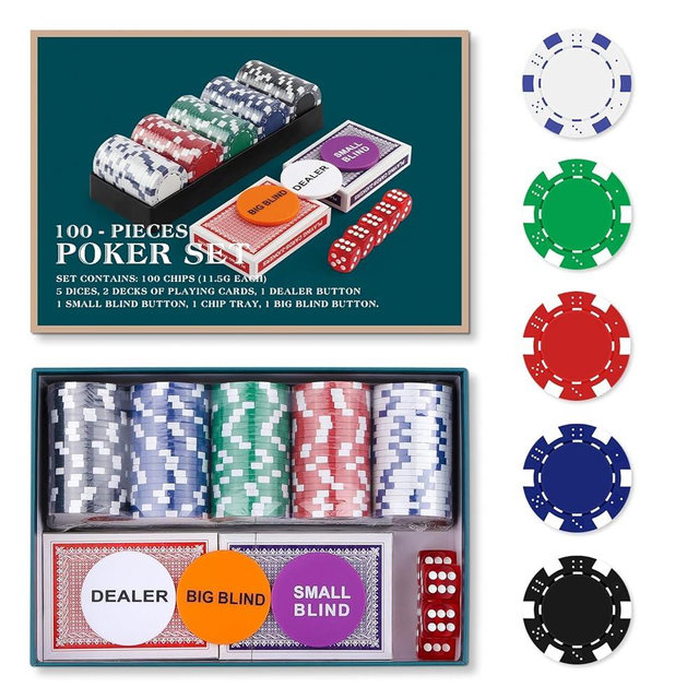 Homwom Poker Chip Travel Set, 100PCS 5 Color Professional Poker Chips in Cardboard Gift Box, 11.5 Gram Clay Composite Casino Poker Chips for Casino Card Games Texas Holdem Blackjack
