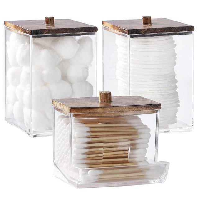 Tbestmax Bathroom Organizer Accessories Set-12/7 oz Qtips Holder Storage, Clear Cotton Ball/Swabs Dispenser, Plastic Square Apothecary Jars with Brown Wood Lids