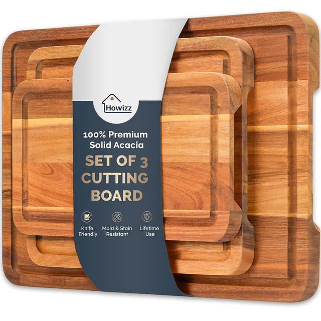 Howizz Acacia Wood Cutting Board, Set Of 3 Edge Grain Solid Wood Butcher Block For Kitchen Meal Prep & Serving, Chopping Boards Deep Juice Groove & Built-In Handles, Gift for Home, Gift-Ready Box