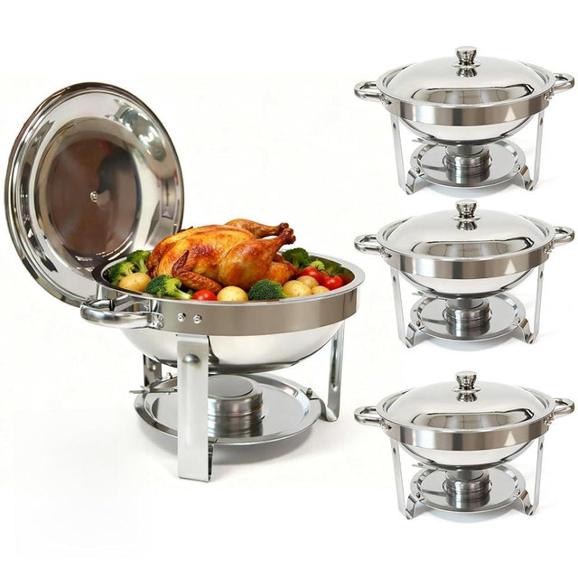 4-Pack Chafing Dishes for Buffet，6QT 304 Stainless Steel Round Chafing Dish Buffet Set - Complete Food Warmers with Lids, Water Pans, Fuel Can Holders for Catering & Wedding Receptions，Silver