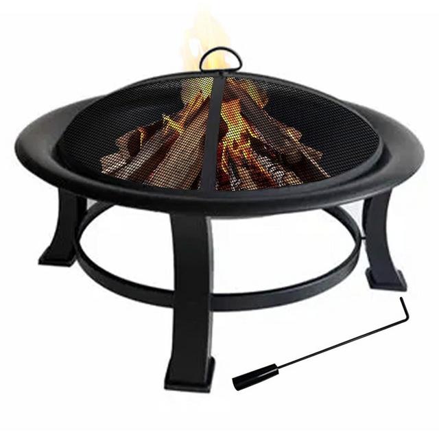 Four Seasons Courtyard 30" Steel Wood Burning Bowl Fire Pit Round Outdoor Backyard Patio Fireplace with Protective Spark Screen, Cover & Poker, Black