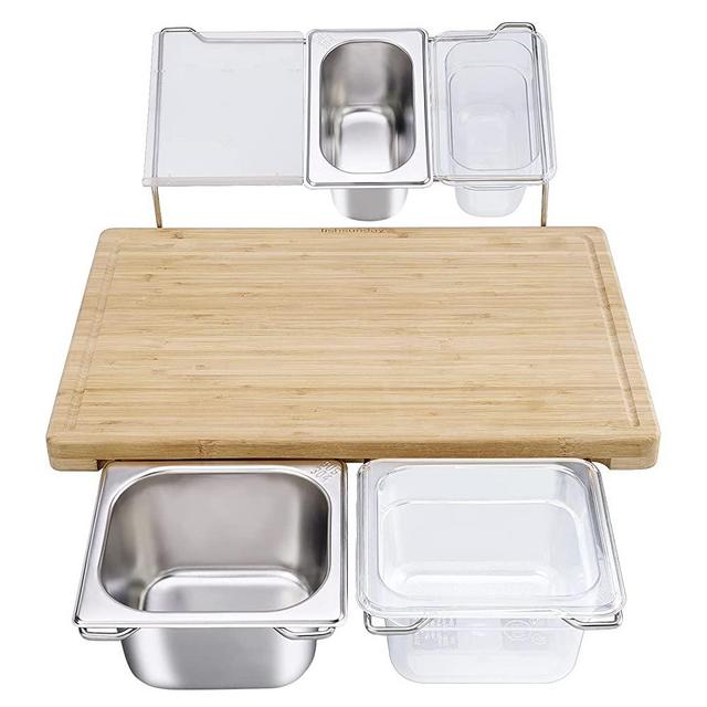 Large Extensible Bamboo Cutting Board Set with 4 Containers for Kitchen with Juice Groove, Eco-friendly Chopping and Serving Board for Meats Bread Fruits - L 17.3" x 12.2"