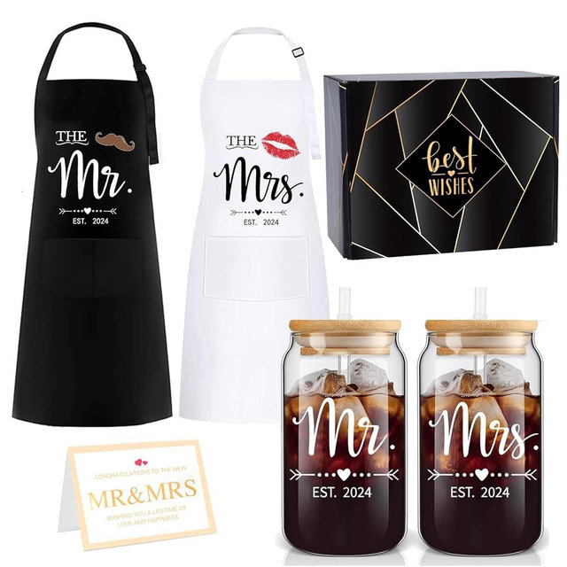 4MELLY Mr Mrs Est 2024 Glass Cup and Apron Set,Couples Engagement Gift, Bridal Shower Gifts for Couple, Newlyweds Wedding Gifts for Couple Kitchen Gift