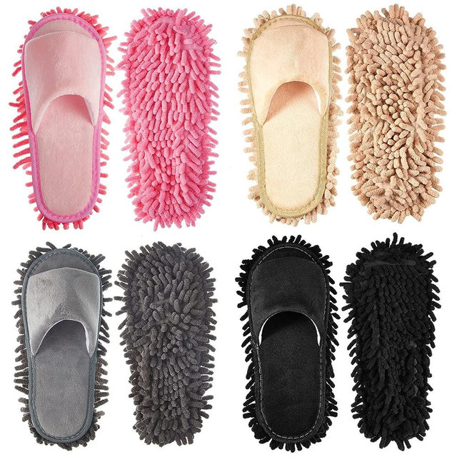 Jecery 4 Pairs Microfiber Slipper Cleaning Mop Slippers Men Women House Washable Detachable Mopping for Office Kitchen Floor Dust Tool (Black, Beige, Pink, Gray, Stylish Style), approx. 10.2 x 3 Inch