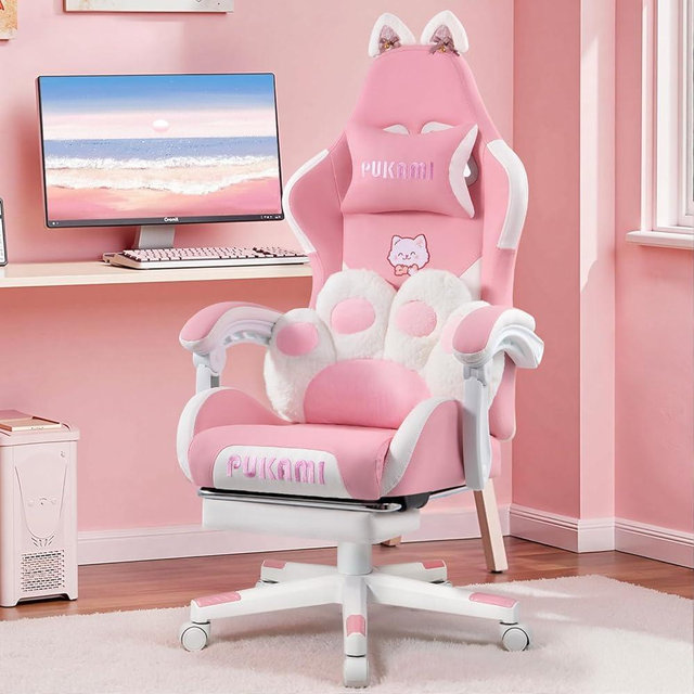 Pink Gaming Chair with Cat Ears and Cat Paw Lumbar Cushion, Ergonomic Gaming Computer Desk Chair with Footrest and Linked Armrests, Comfortable Cute Cat PU Leather Game Chair for Girls and Adults