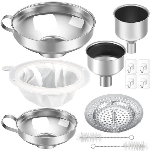12 Pcs Stainless Steel Canning Funnel Set for Wide and Regular Narrow Mouth Mason Jars Kitchen Funnels Metal Canning Funnels with Strainer Mesh Filter Brushes and Adhesive Hooks