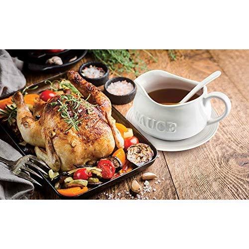 24 Oz Gravy Boat, Tray and Ladle | Ceramic White Gravy Boat With The Word"Sauce" On It