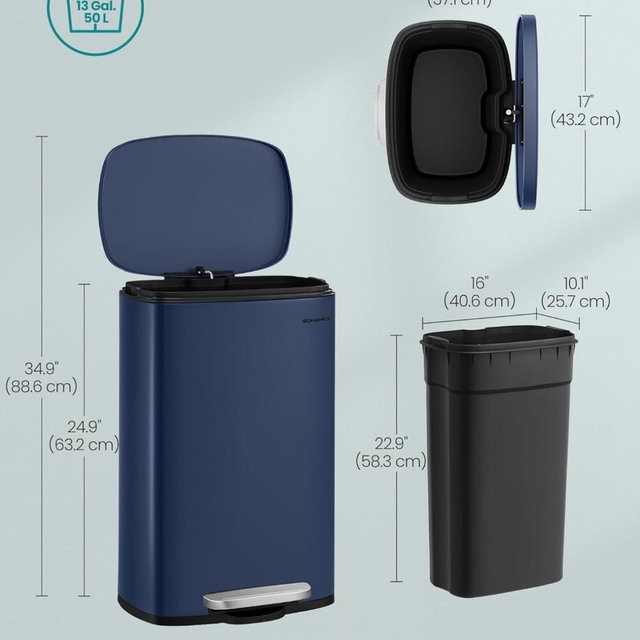 SONGMICS 13 Gallon (50 L) Trash Can, Stainless Steel Kitchen Garbage Can, Recycling or Waste Bin, Soft Close, Step-On Pedal, Removable Inner Bucket, Midnight Blue ULTB050L01