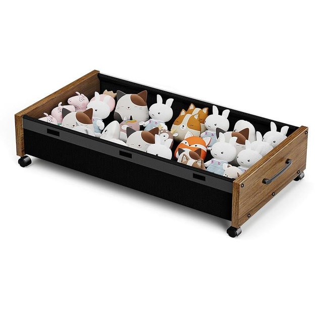 KITHELP Wooden Under Bed Storage with Wheels, Rolling Under the Bed Storage Bins with Removable Lid, Metal Under Bed Drawers for Clothes and Shoes in Bedroom or Living Room(Walnut Brown-1pack)