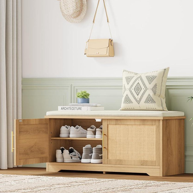 Zeibospri Rattan Shoe Storage Bench with Cushion, 39.4" Wide Entryway Bench with Adjustable Shelf, Hidden Shoe Organizer Cabinet, for Hallway, Living Room, Bedroom, Natural Oak