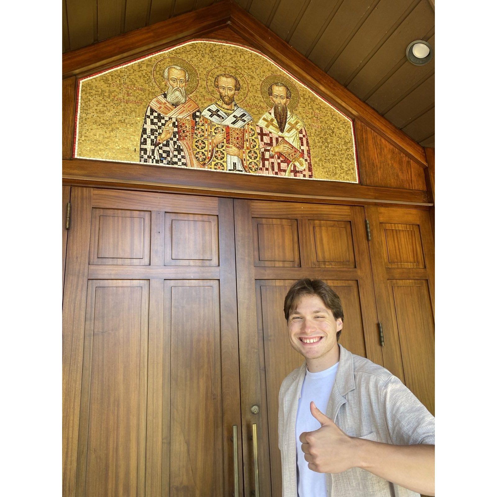 Owen in front of the church where Helen had her first iconography workshop with the Writing the Light iconography program. He was very supportive during this period of trial