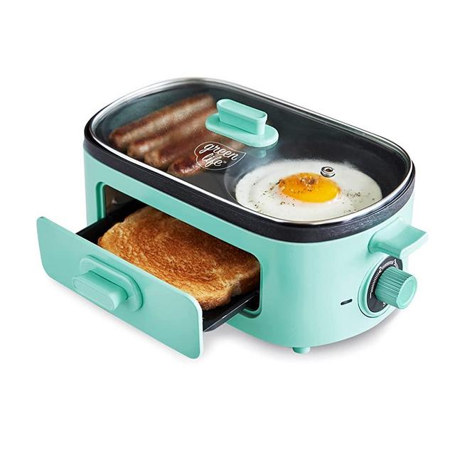 GreenLife 3-in-1 Breakfast Maker Station, Healthy Ceramic Nonstick Dual Griddles for Eggs Meat and Pancakes, 2 Slice Toast Drawer, Easy-to-use Timer, Turquoise