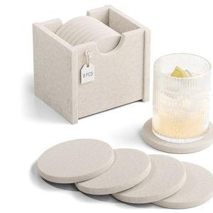 Felt Coasters for Drinks, Set of 8 Absorbent Coasters with Holder, Heat-Resistant & Reusable Round Design for Coffee Table & Living Room, 3.92 Inch, Oatmeal