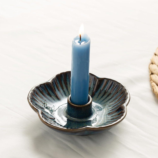 Ceramic Candle Holder, Candlestick Holder for Candles,Incense, Santo Palo, Rustic Vintage Home Decor for Halloween Christmas Weddings, Dining Room Table & Living Room Display (Blue)