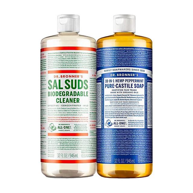 Dr. Bronner’s - Variety Pack: Pure-Castile Liquid Soap (Peppermint, 32 oz) & Sal Suds Biodegradable Cleaner (32 oz) - Organic, Non-GMO, Vegan, Cruelty-Free | 2 Count
