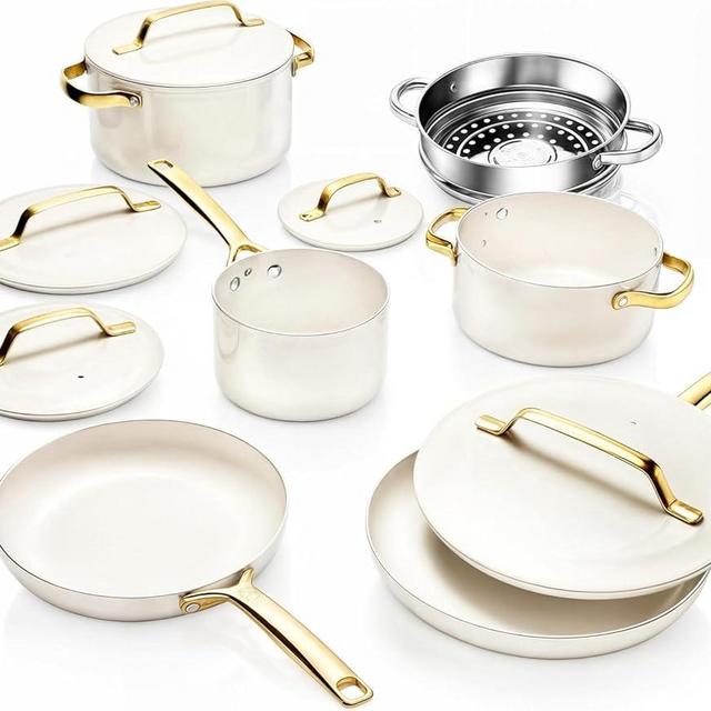Gotham Steel Modern 11 Pc Ceramic Cookware Set, Elegantly Designed Pots and Pans Set Non Stick with Steamer, Induction Bottom, Premium Stay Cool Handles, Non Toxic PFOA Free, Oven & Dishwasher Safe