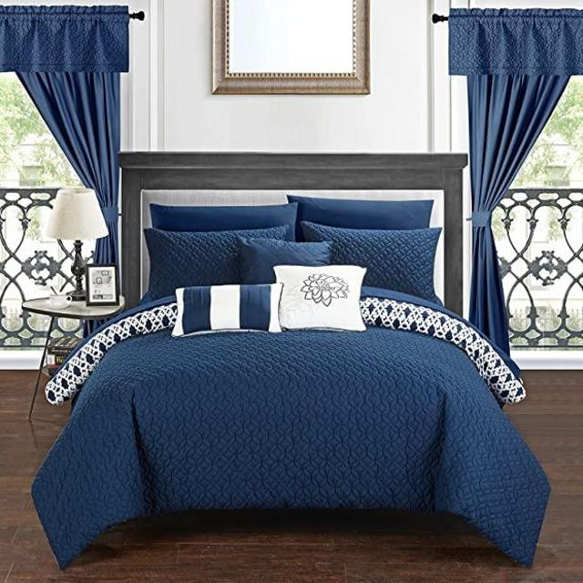 Chic Home Sigal 20 Piece Comforter Set Reversible Geometric Quilted Design Complete Bed in a Bag Bedding – Sheets Decorative Pillows Shams Window Treatments Curtains Included Queen Navy