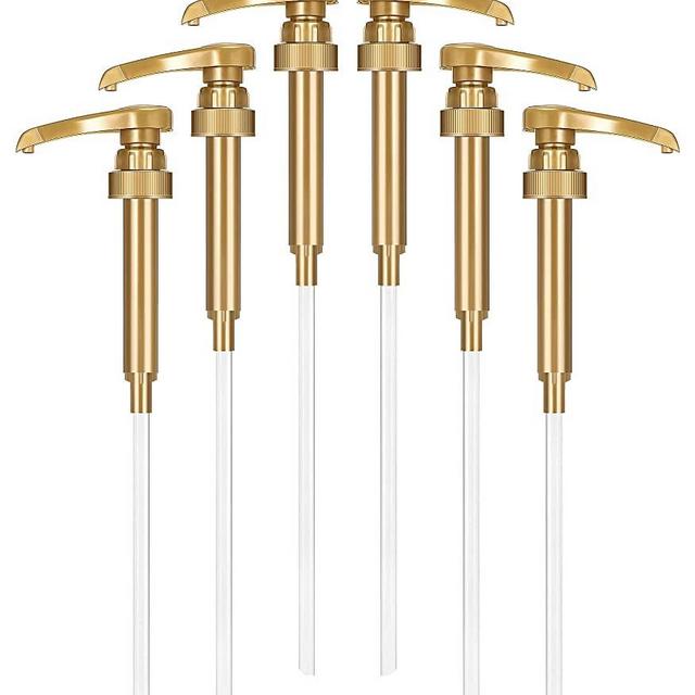 6-Pack Gold Torani Syrup Pump for Coffee Syrup Bottle by Little Squirt, Fits Torani & Skinny Syrup 750ml, Monin Liter Bottles, Coffee Syrup Pump Dispenser & Coffee Bar Accessories