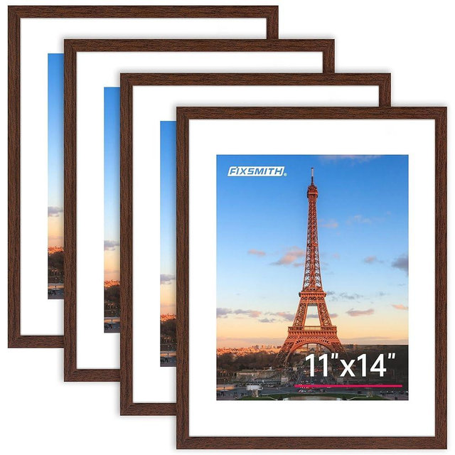 FIXSMITH 11x14 Picture Frame Bulk-4 Pack, Photo Frame with HD Plexiglass, Display Pictures 8x10 with Mat or 11x14 Without Mat, Brown Picture Frames Collage Wall Decor, Gallery Wall Frame