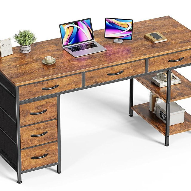 Huuger Computer Desk with 6 Drawers, 54 Inch Office Desk with Shelves, Reversible Gaming Desk, Corner Desk with Storage, Work Desk for Home Office, Study, Living Room, Rustic Brown