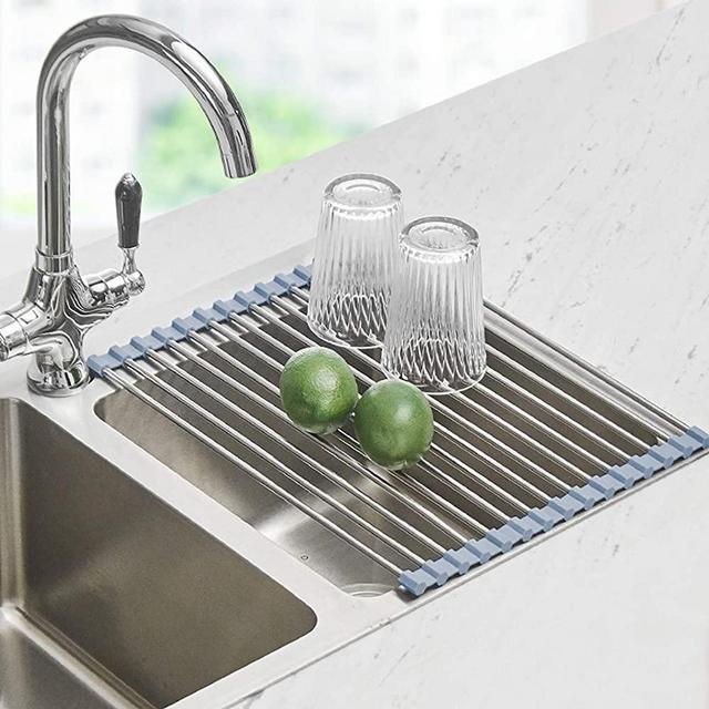 Roll Up Dish Drying Rack, Seropy Over The Sink Dish Drying Rack Kitchen Rolling Dish Drainer, Foldable Sink Rack Mat Stainless Steel Wire Dish Drying Rack for Kitchen Sink Counter (17.8''x11.8'')