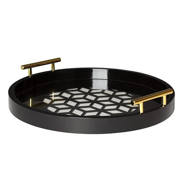 Kate and Laurel Caspen Round Cut Out Pattern Decorative Tray with Gold Metal Handles, Black