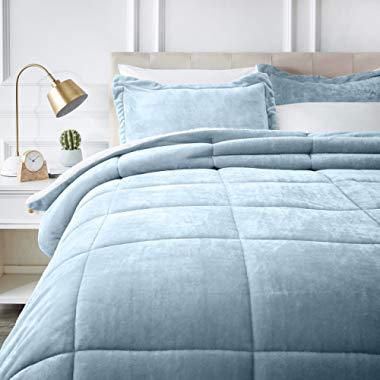 AmazonBasics Ultra-Soft Micromink Sherpa Comforter Bed Set - Full or Queen, Smoke Blue