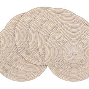 Floroom 15 Inch Round Braided Placemats Set of 6, Washable Heat Resistant Cotton Polyester Circle Place Mats for Kitchen Dining Table - Canvas Beige