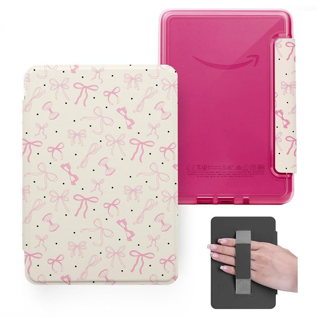 HOICHOE Pink Bow Case with Hand Strap for All-New 7" Kindle Paperwhite 12th Gen 2024 and Kindle Colorsoft Signature Edition, Light PU Leather Cover and Transparent Hard Back Shell, Auto Sleep/Wake