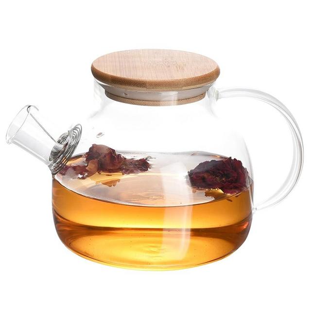 REGAL TRUNK Glass Teapot with Wooden Lid - Borosilicate Glass Teapot with Removable Infuser - Transparent Tea Pots for Stove Top - Versatile Kettle for Brewing Hot or Cold Tea - 7.4''x5'' -Transparent