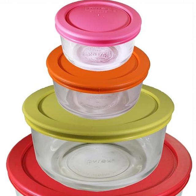 Utensilux Bundle Pyrex 8 Peice Round Bundle 4 Glass Storage Containers With Lids, 7-cup, 4-cup, 2-cup, & 1-cup Meal Prep Containers With Lid, With Chalk Stickers and Chalk Pen