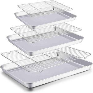 TeamFar Baking Sheet with Rack Set, 20’’ & 16’’ & 12½’’, Stainless Steel Cookie Sheet Baking Pans with Cooling Roasting Racks
