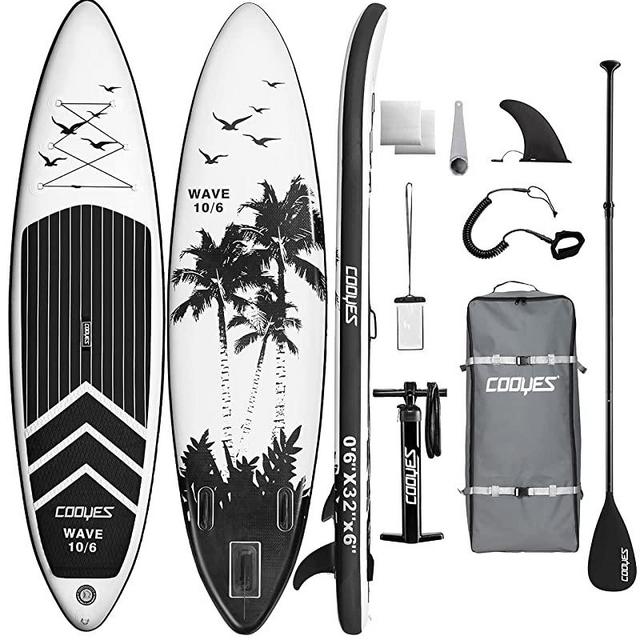 Cooyes Inflatable Stand Up Paddle Board 10'6" with Free Premium SUP Accessories & Backpack, Non-Slip Deck. Bonus Waterproof Bag, Leash, Paddle and Hand Pump