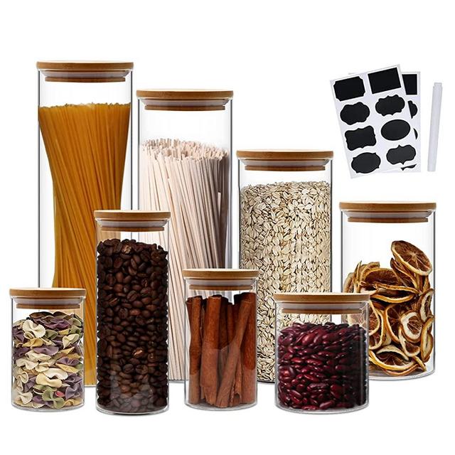 Glass Canisters Set of 8,Home Kitchen Miscellaneous Food Storage Bottles with Wooden Lids, Transparent Storage Jars for Coffee Beans, Flour, Snack, Rice And Pasta