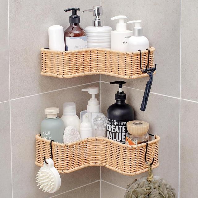 GRANNY SAYS Corner Shower Caddy, 2 Pack Corner Shower Shelves, Shower Organizers and Storage, Shower Shelf for Inside Shower, Rustproof Bathroom Corner Shelf, Wicker Shower Rack for Home Decor, Nature