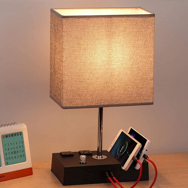 Fully Dimmable Table Lamp for Bedroom Living Room Dual USB Port - EVISTR Bedside Desk Lamp for Nightstand with Charging Station 2 Power Outlets, Grey Fabric Lampshade LED Bulb Included (Black/Grey)