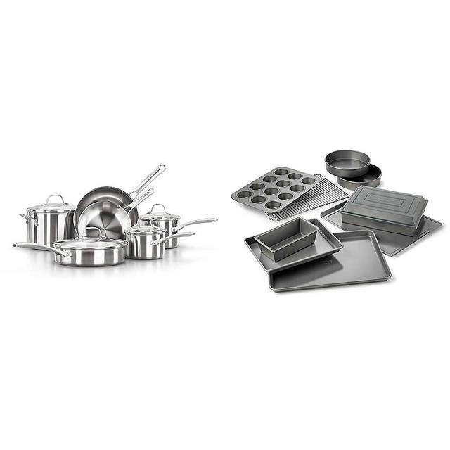 Calphalon 10-Piece Pots and Pans Set, Silver & Nonstick Bakeware Set, 10-Piece Set Includes Baking Sheet, Cookie Sheet, Cake Pans, Muffin Pan, and More, Dishwasher Safe, Silver
