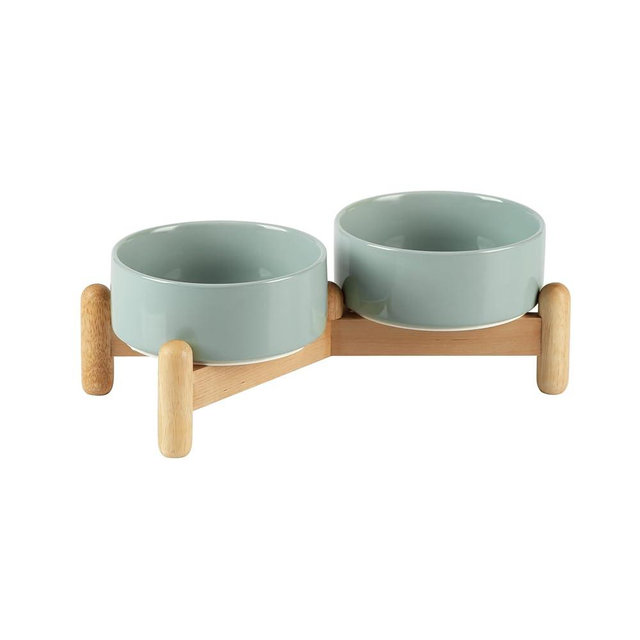 Havniva Ceramic 5.1inch Raised Double Bowls Set with Wooden Stand, Elevated Food & Water Bowls for Small Breed Dogs, Cats, Kitty, Weighted Dog Dishes, Pet Bowls(13.5oz, Light Green)