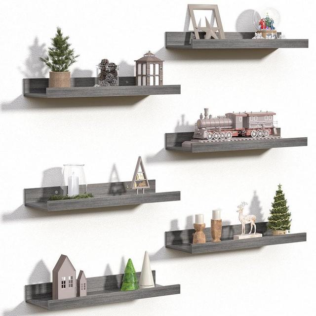 upsimples Floating Shelves for Wall, Wall Shelves for Decor Storage Set of 6, Wall Mounted Wood Shelves for Bedroom, Living Room, Bathroom, Kitchen, Picture Ledge Shelves, Grey