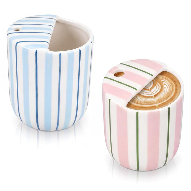 Ferrochef 2 Pack Ceramic Mug with Sip Hole 10 oz Stripes Pattern Espresso Cup Coffee Mug Hand Painted Ceramic Cup Pink and Blue Heat Resistant Non Slip with Built in One Lid Handcraft Gift