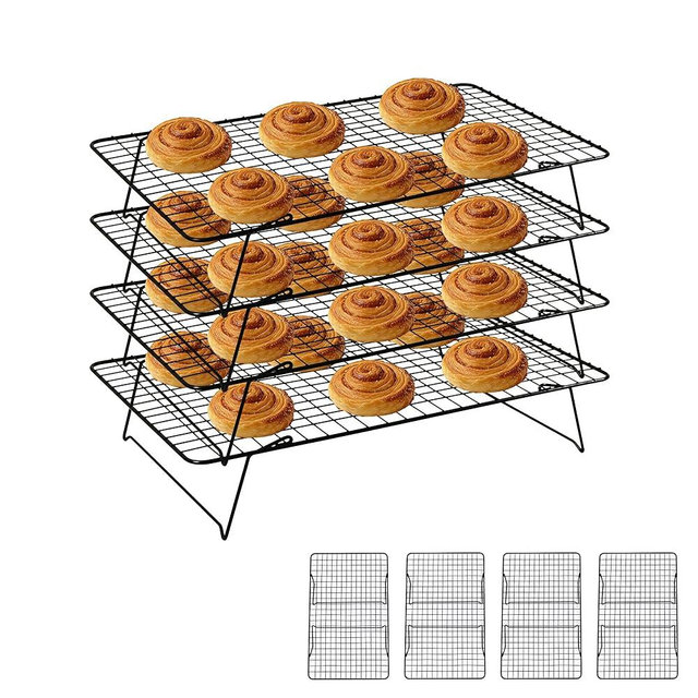 Cooling Rack, 4 Tier Stackable Cooling Racks for Cooking Baking Roasting, Multi-Level Collapsible Cookie Rack for Cakes, Oven Safe & Easy Clean (Black, 4-Tier)