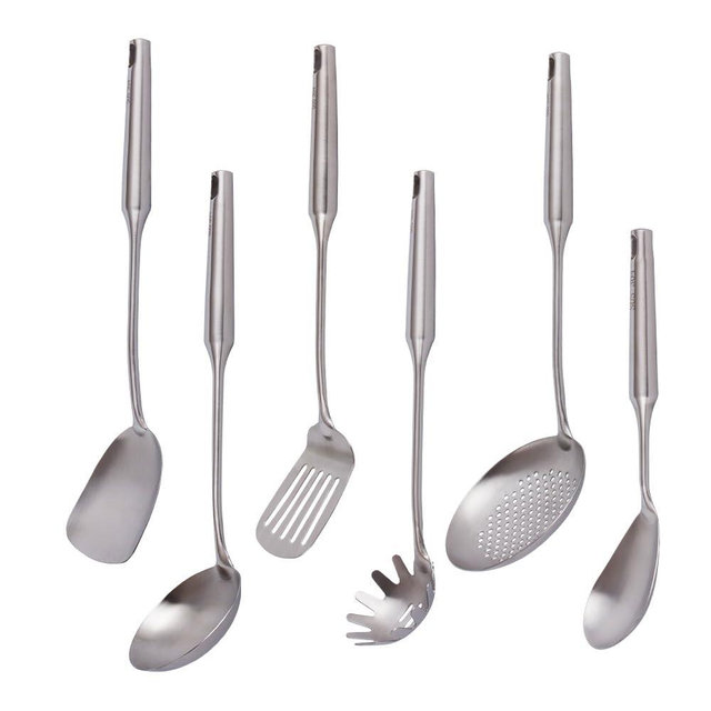 304 Stainless Steel Kitchen Utensils Set, VALESKA 6 PCS Metal Cooking Utensils Set, metal spoon,Wok Spatula, Ladle, Skimmer Slotted Spoon,Serving Large Spoon, Slotted Spatula Tunner