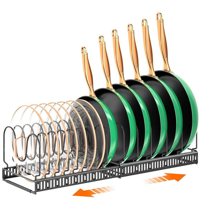 MUDEELA Pots and Pans Organizer Rack for under Cabinet, Expandable Pot Lid Kitchen Cabinet Organizer Holder with 14 Adjustable Compartment Cutting Board Organizer for Pan Lid, Bakeware
