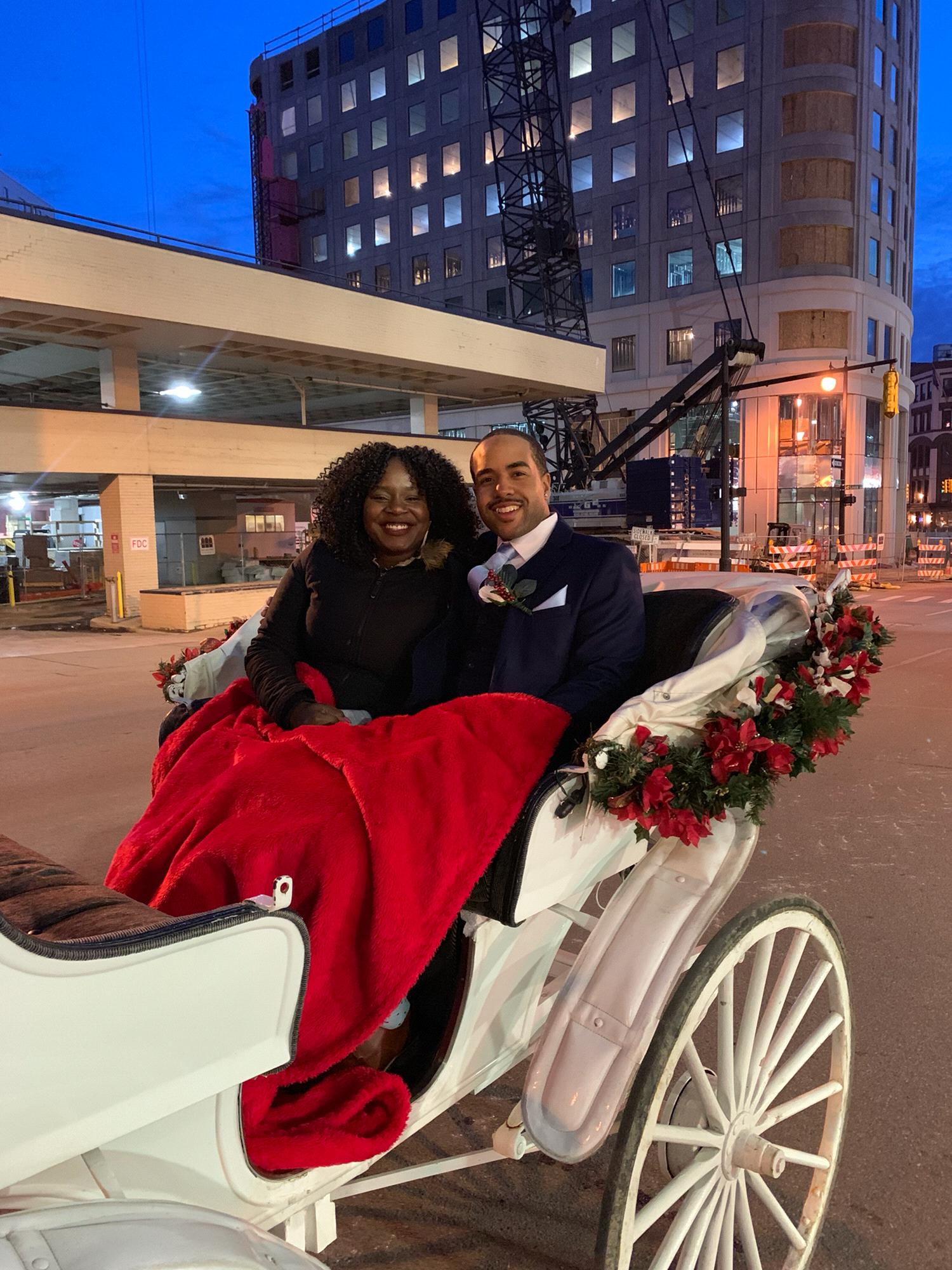 12/28/2019: carriage ride at a wedding we attended. It also marked two years since being together!