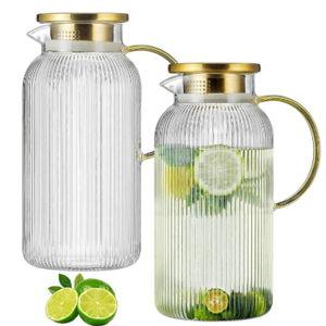 2 PACK Glass Pitcher with Lid, 84oz/2.5L Liter Classic Vertical Stripes Water Pitcher,Glass Water Carafe for Cold Brew, Coffee, Lemonade, Iced Tea,Sun Tea, Beverage, Heat Resistant