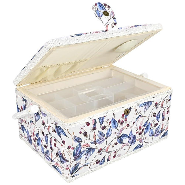 Sewing Basket with Blue Red Floral Print Design, Empty Vintage Sewing Box for Sewing Supplies with Removable Tray Built-In Pin Cushion Interior Pocket